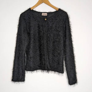 Vintage Cardigan 2000's Y2K Fuzzy Hairy Sweater Black Large Buttons at Top